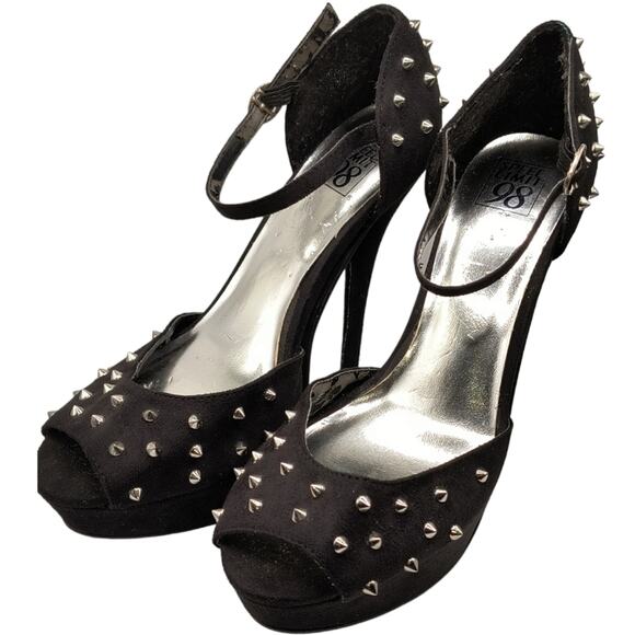 Speed Limit 98 Black Faux Suede Silver Spikes Open Toe Pump Heels 7.5 - Picture 2 of 16